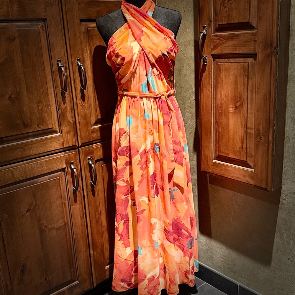 London Times-Elegant Orange Floral Halter Dress